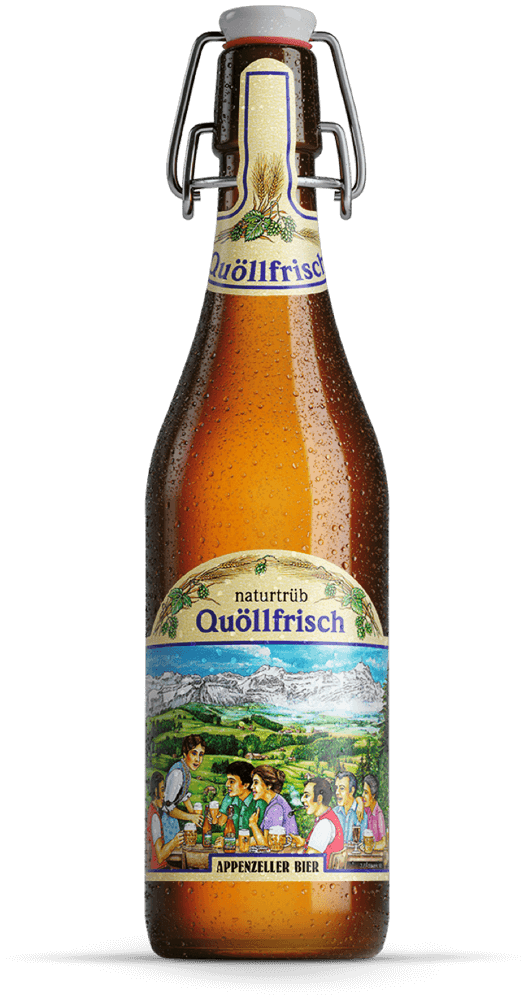Flasche Appenzeller Bier Quöllfrisch mit Bügelverschluss und detailreichem Etikett vor neutralem Hintergrund – ideal für Produkt- und Markenpräsentationen.