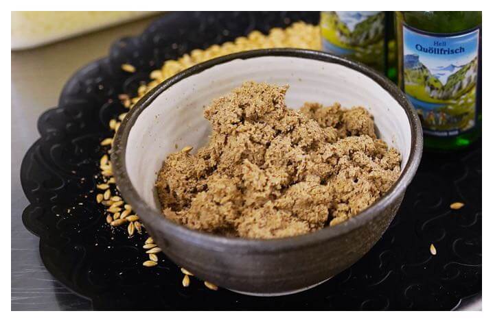 Schuessel mit frischem Treber aus Getreidemalz, umgeben von Gerstenkörnern und Flaschen, Rohstoffbild für Lebensmittelproduktion