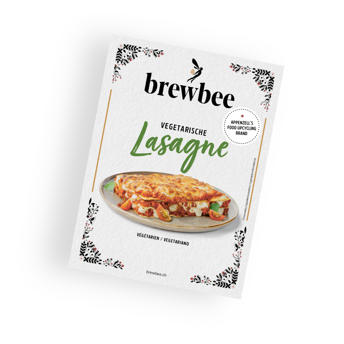 Brewbee-Verpackung einer vegetarischen Lasagne mit Food-Upcycling-Hinweis und appetitlich präsentiertem Lasagnegericht auf dem Label